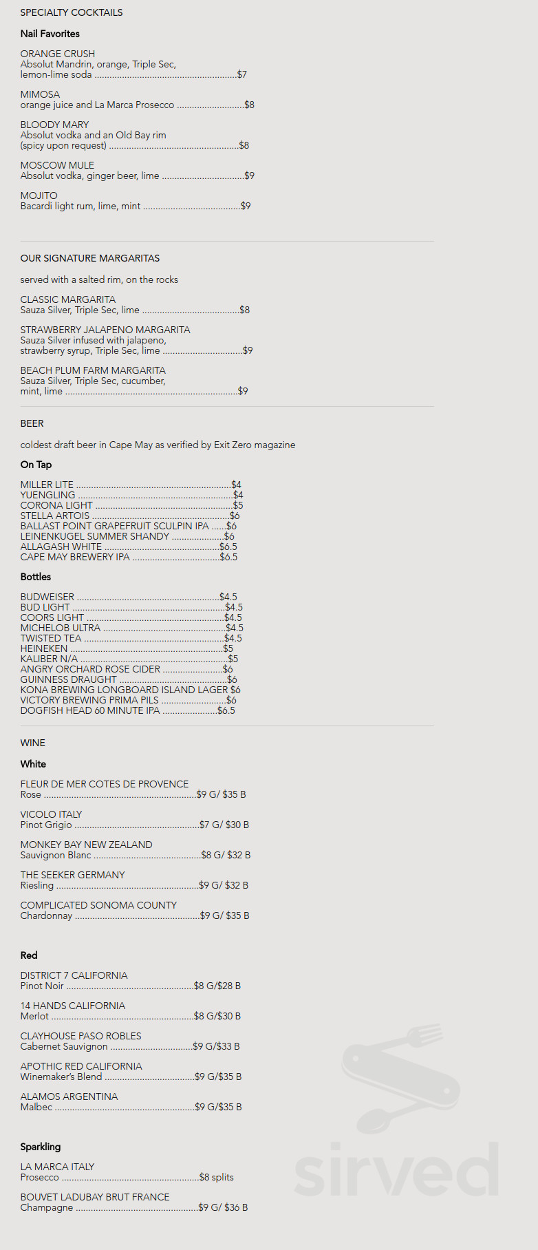 Rusty Nail menu in Cape May, New Jersey, USA