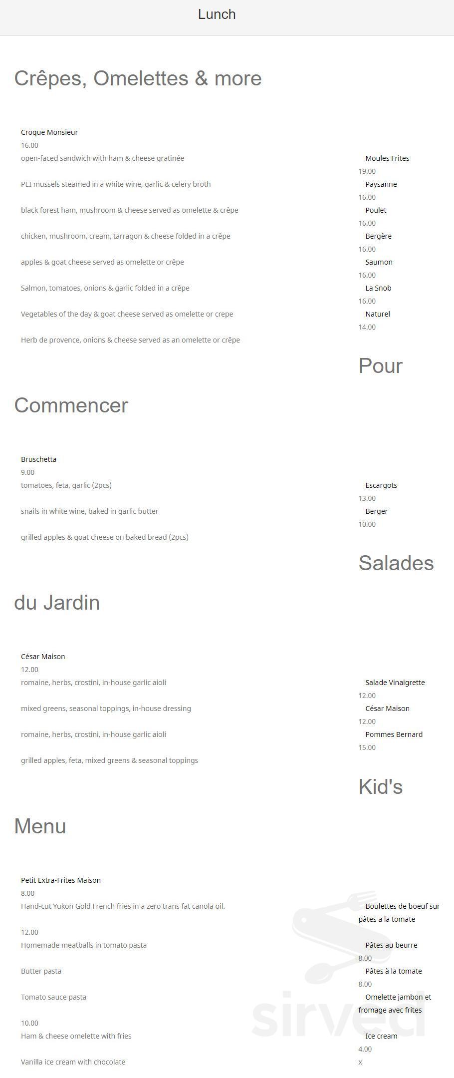 Nice-Bistro Restaurant lunch menu in Whitby, Ontario