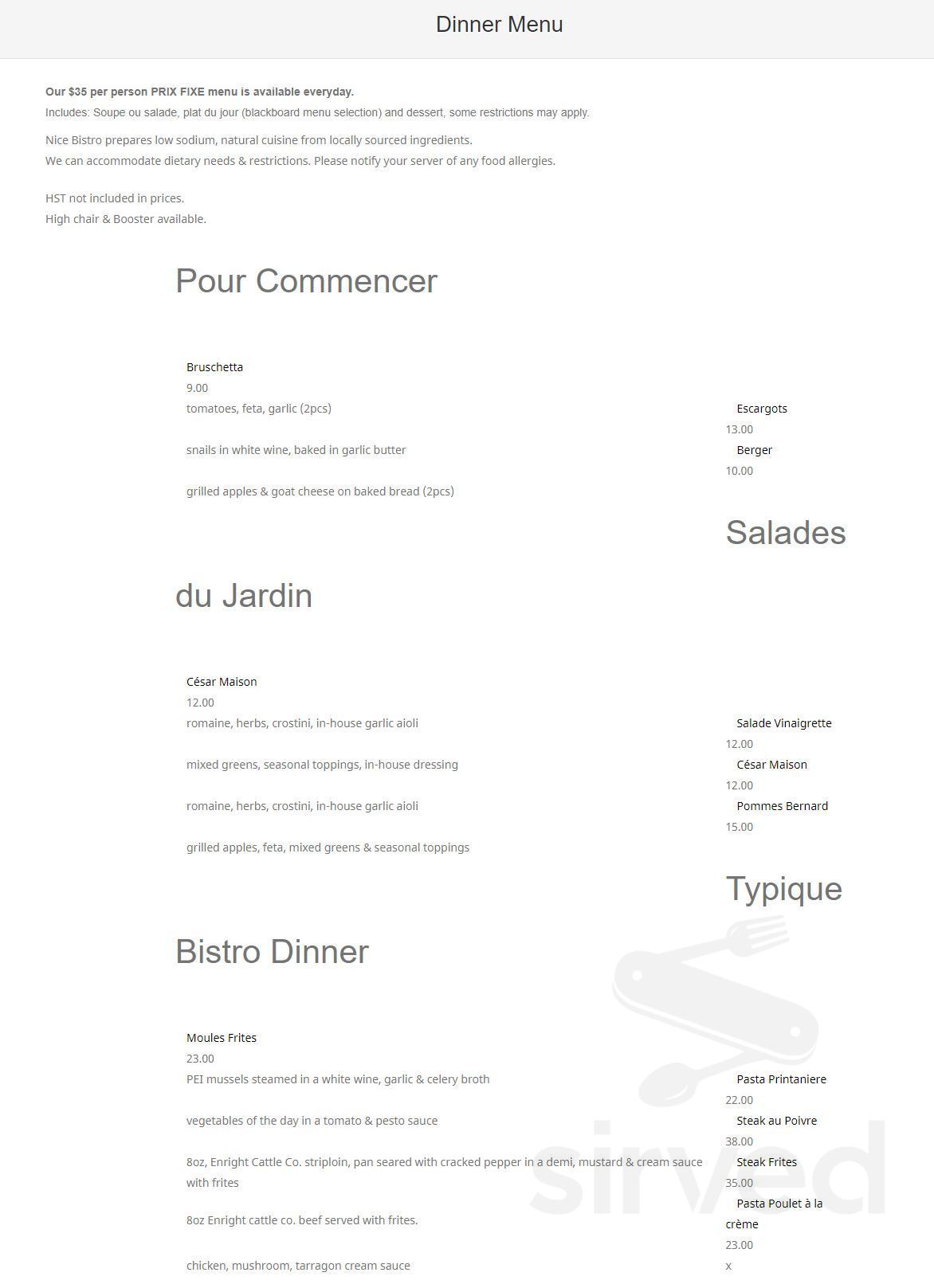 Nice-Bistro Restaurant menu in Whitby, Ontario