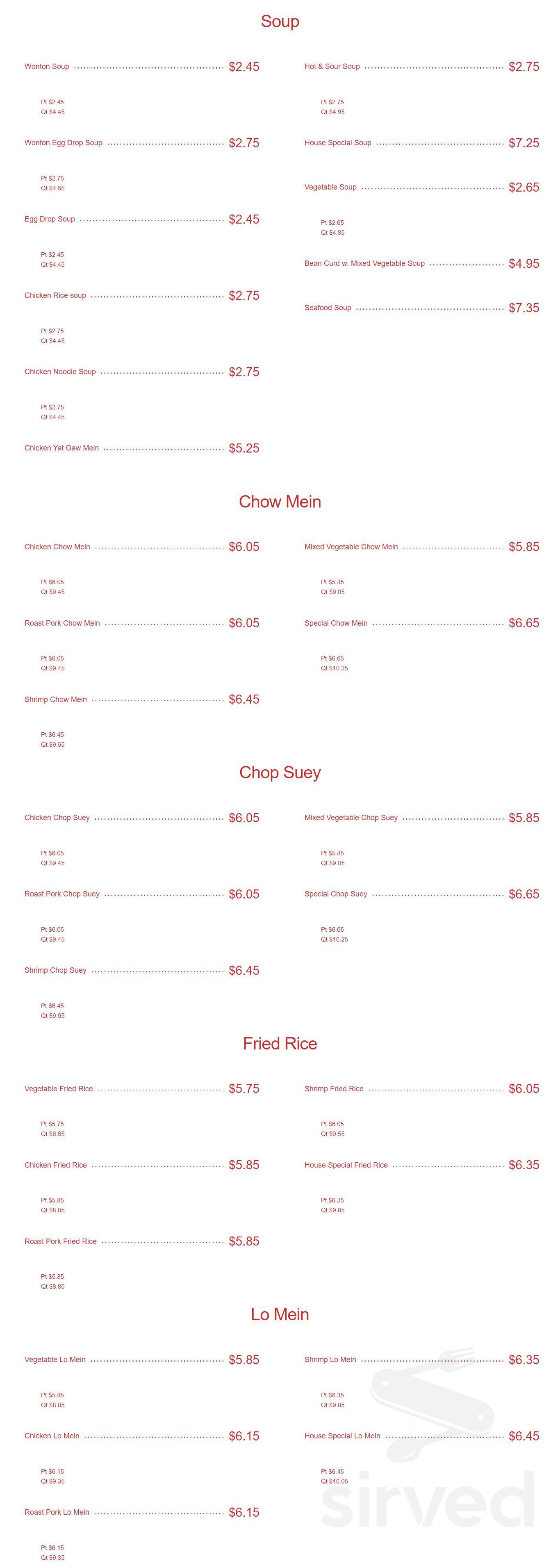 China House Restaurant menu in Tampa, Florida, USA