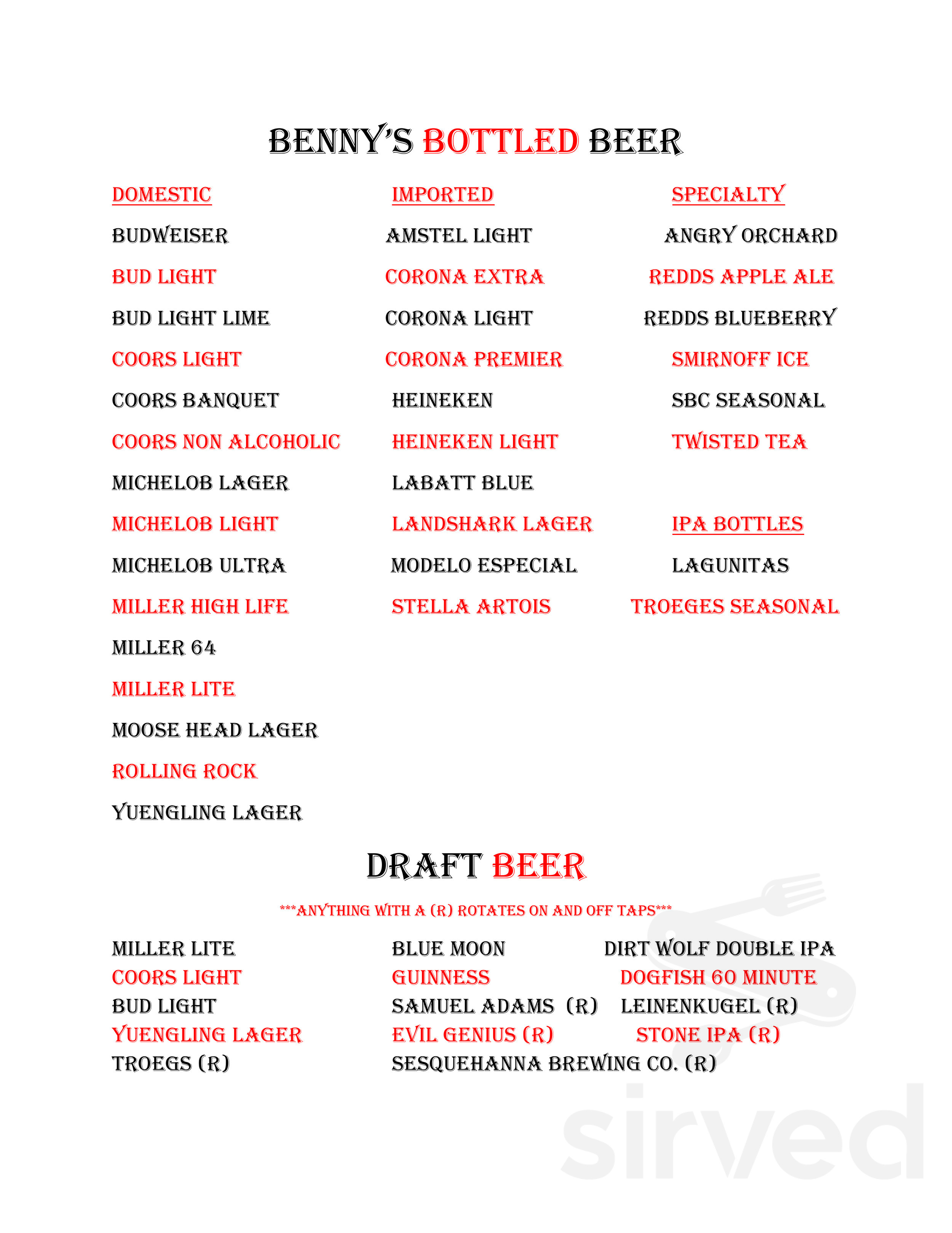 Benny’s Sports Bar and Restaurant menus in Peckville, Pennsylvania, United States