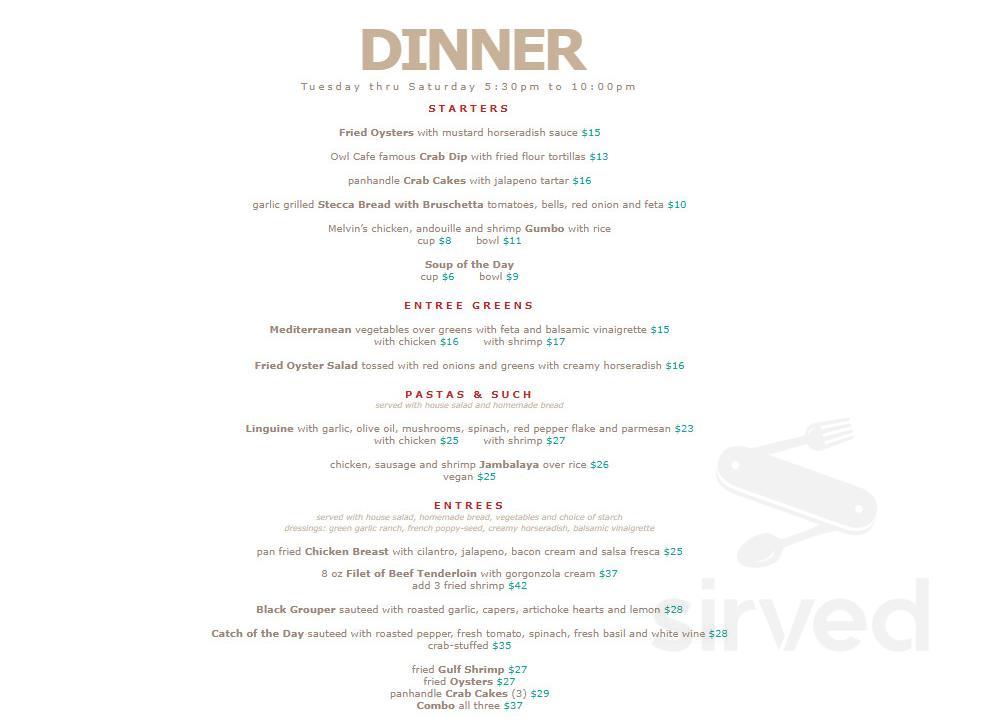 Owl Cafe menu in Apalachicola, Florida, USA