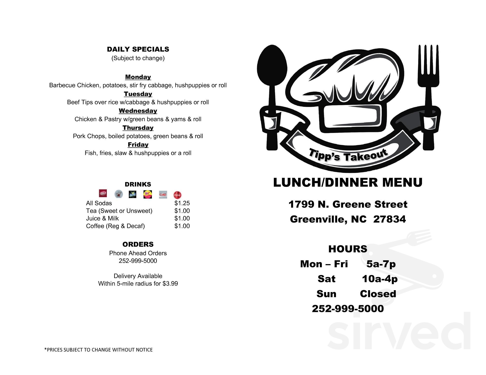 Tipp's Takeout menu in Greenville, North Carolina, USA