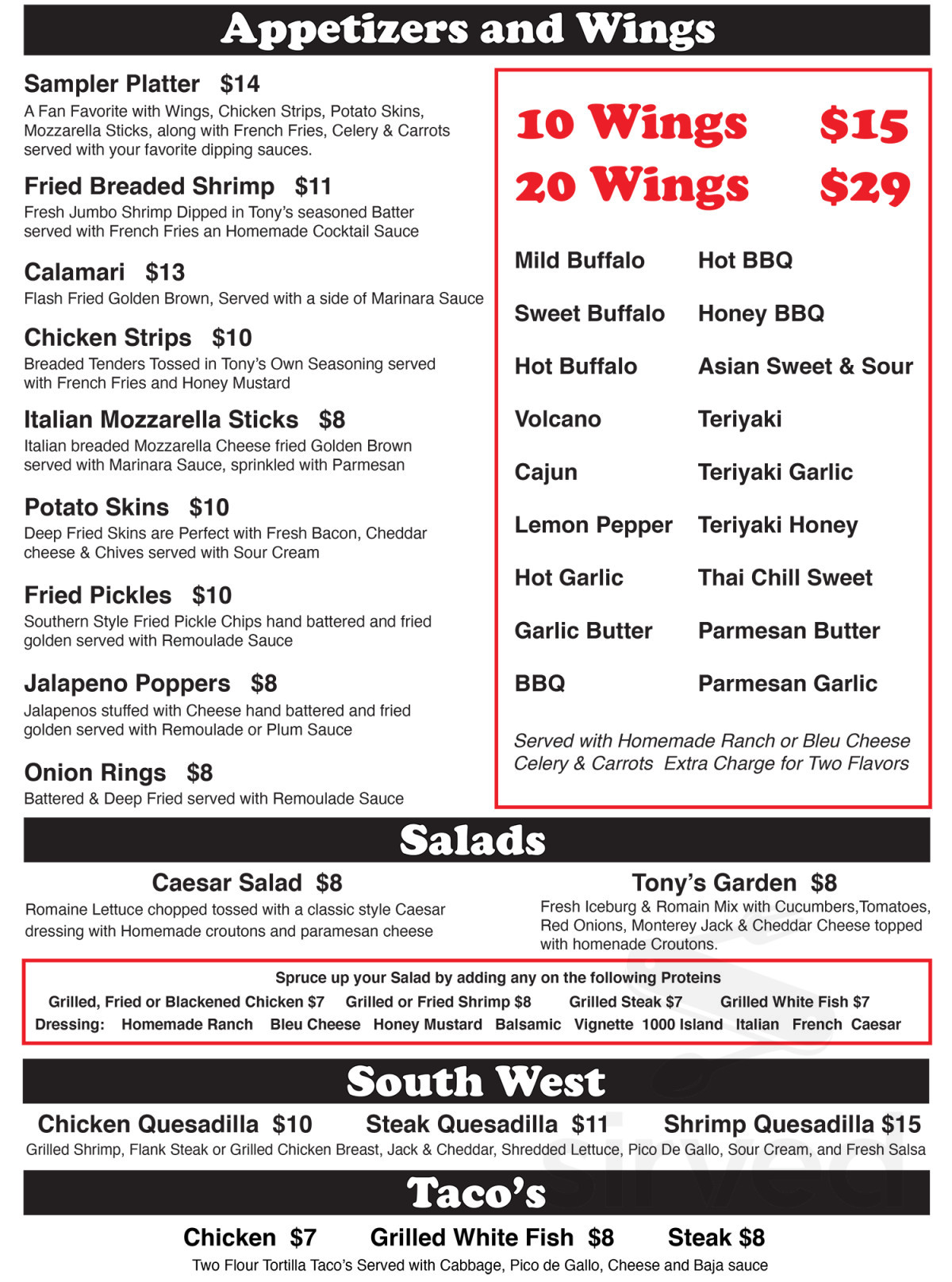 Tony's Sports Bar & Grill menu in Sandy Springs, USA