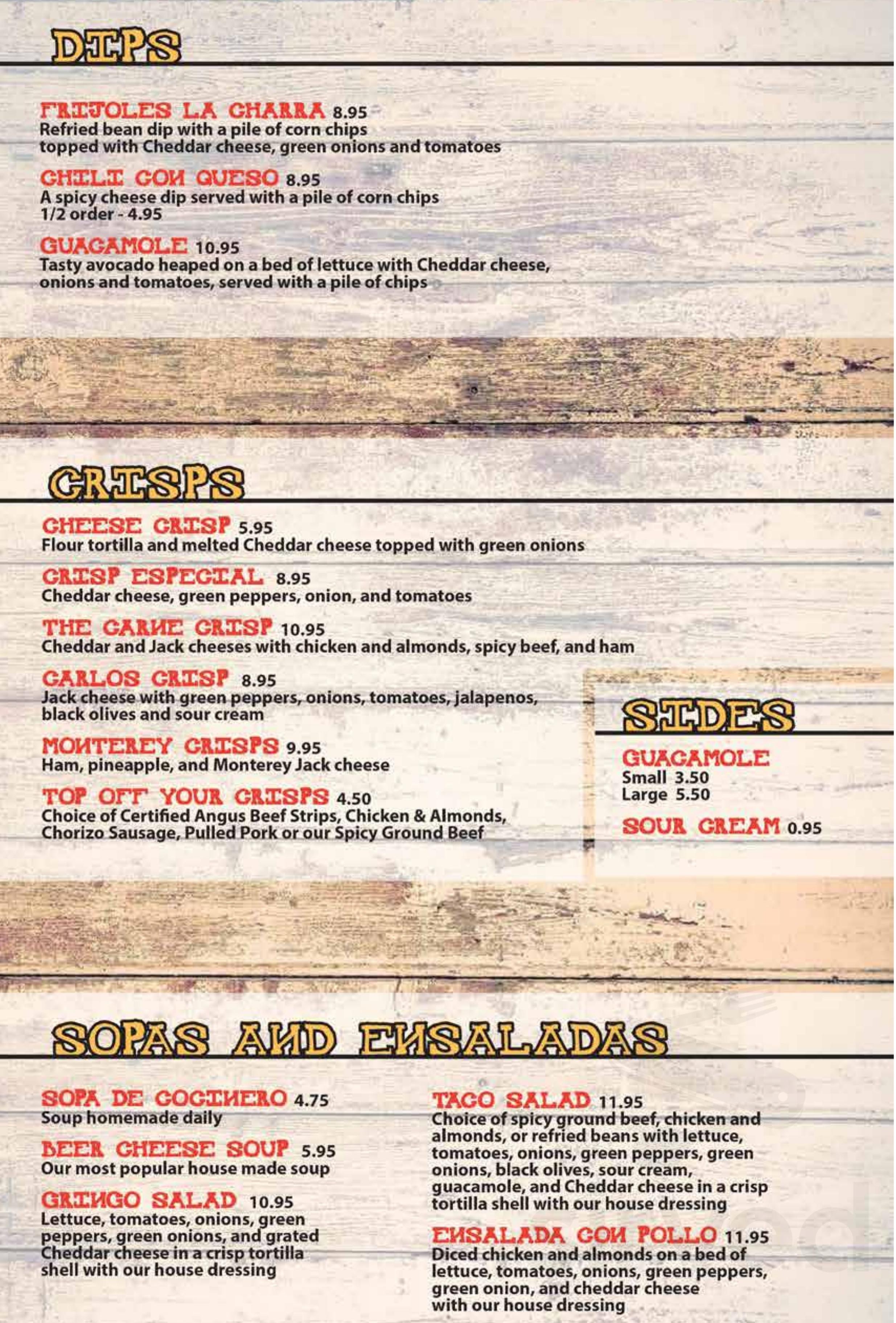 Carlos & Murphy's menu in Winnipeg, Manitoba, Canada