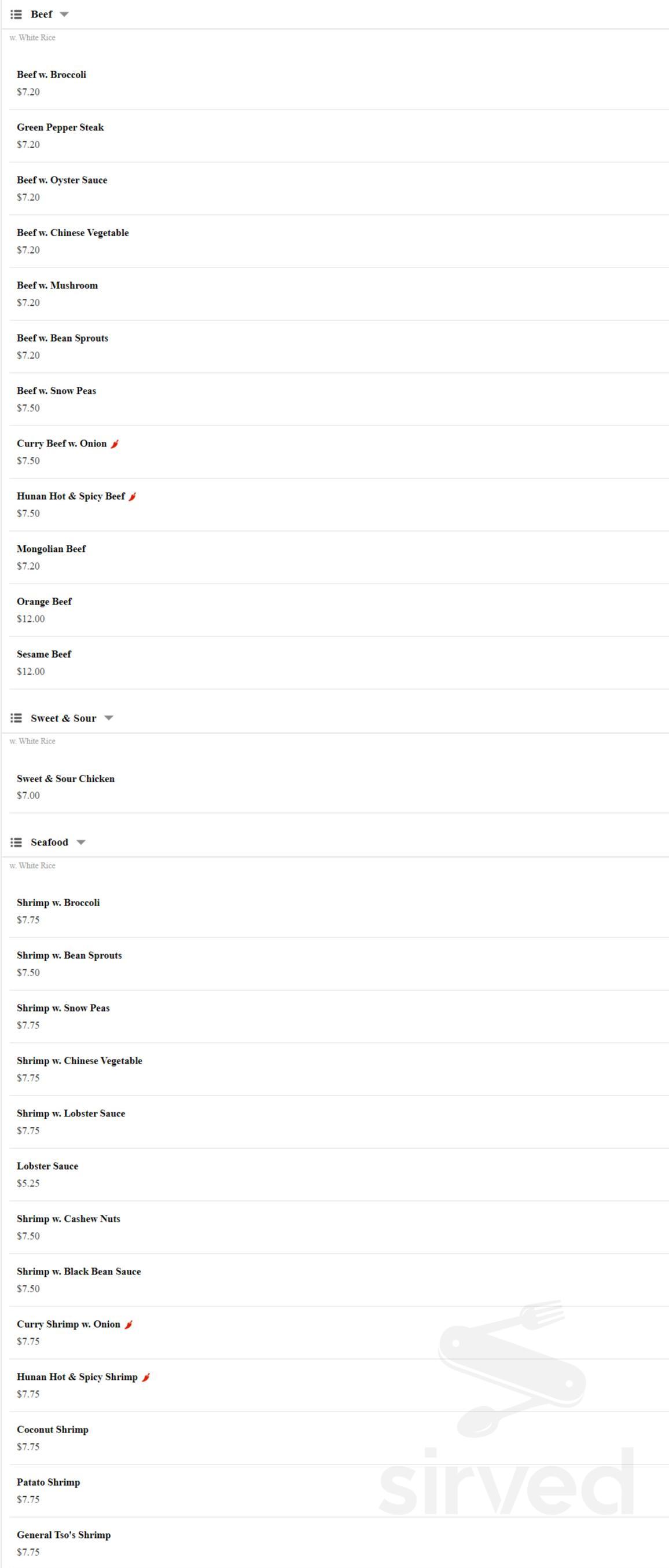 Number One Chinese Restaurant menu in Newburgh, New York, USA