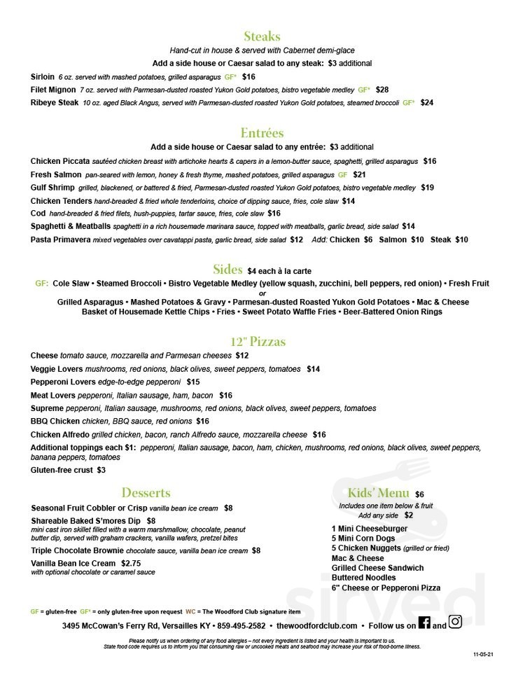 The Woodford Club menu in Versailles, Kentucky, USA