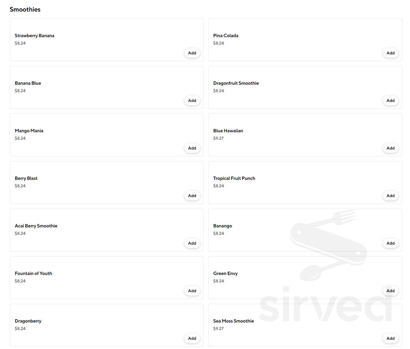 Fruiggie Juice and Bowls menu in Turnersville, New Jersey, USA