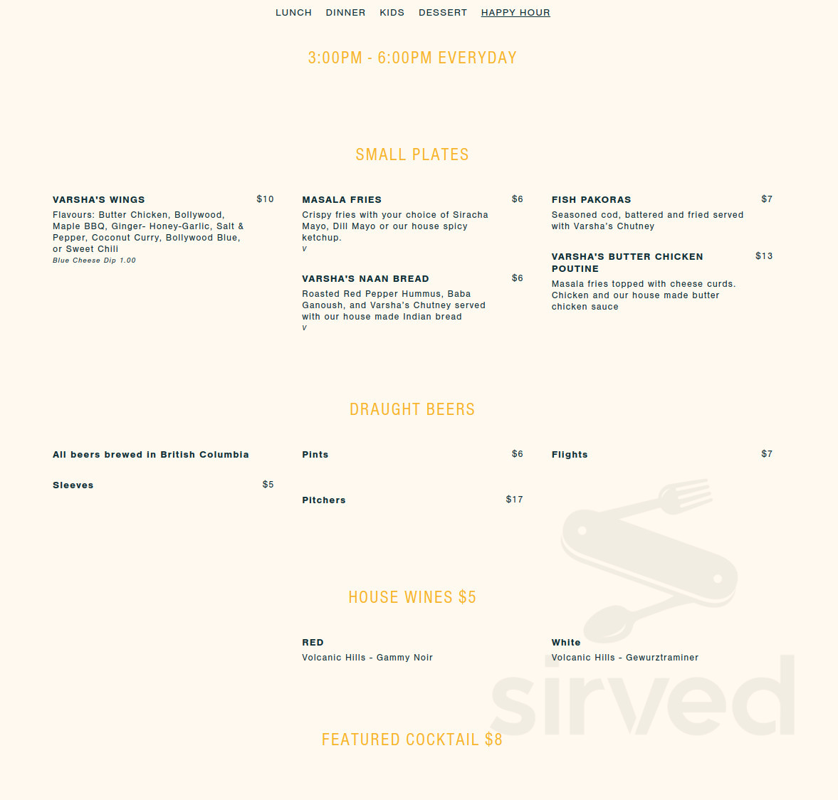 Varsha Indian Kitchen happy hour menu in Victoria, British Columbia