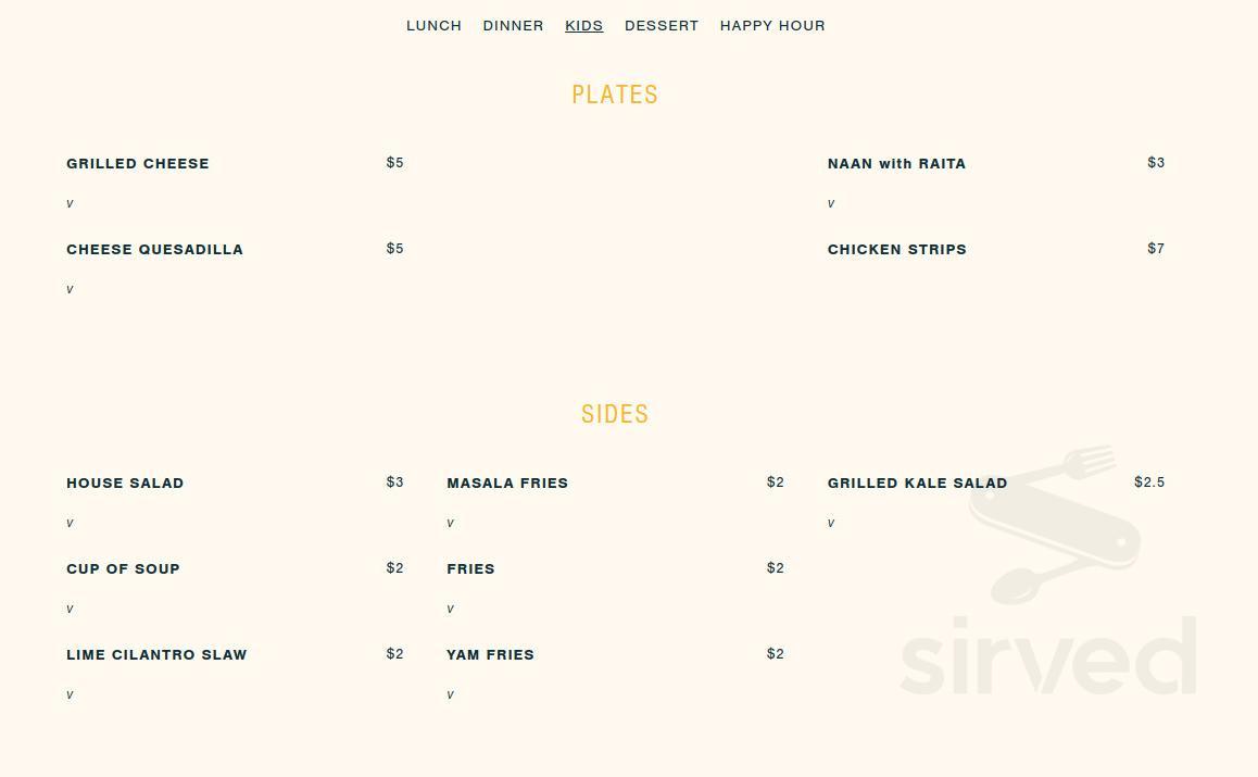 Varsha Indian Kitchen kids menu in Victoria, British Columbia