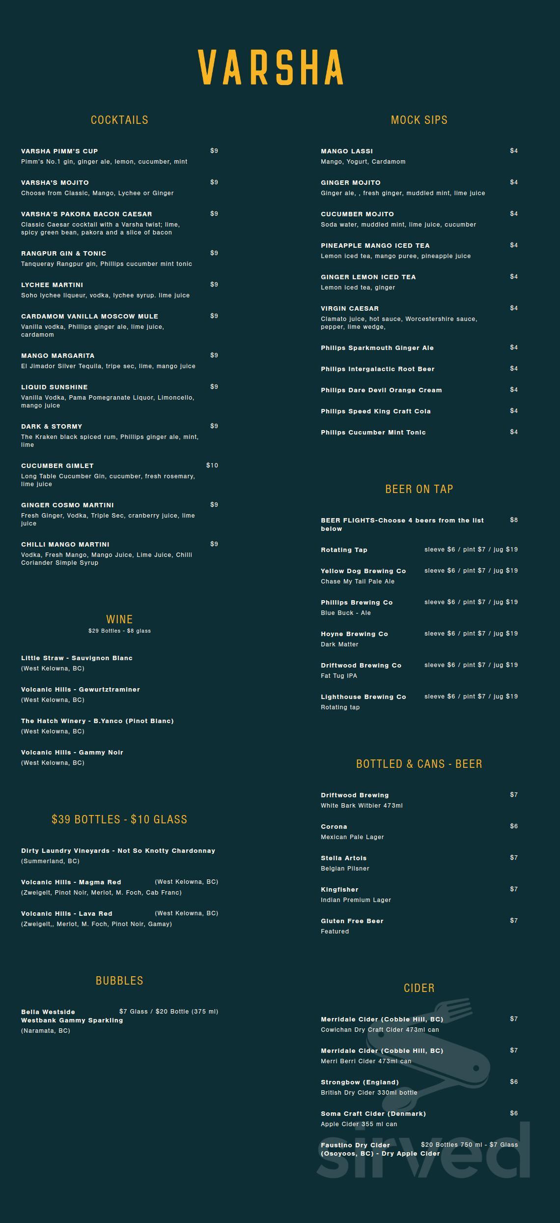 Varsha Indian Kitchen drink menu in Victoria, British Columbia