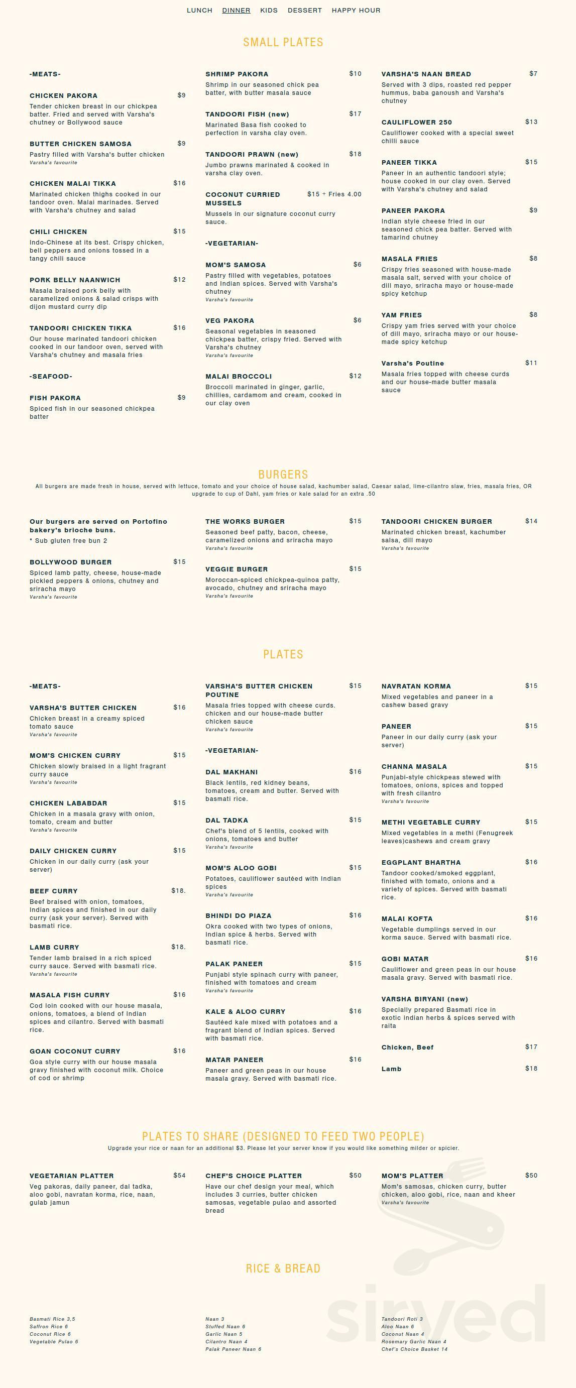Varsha Indian Kitchen menu in Victoria, British Columbia