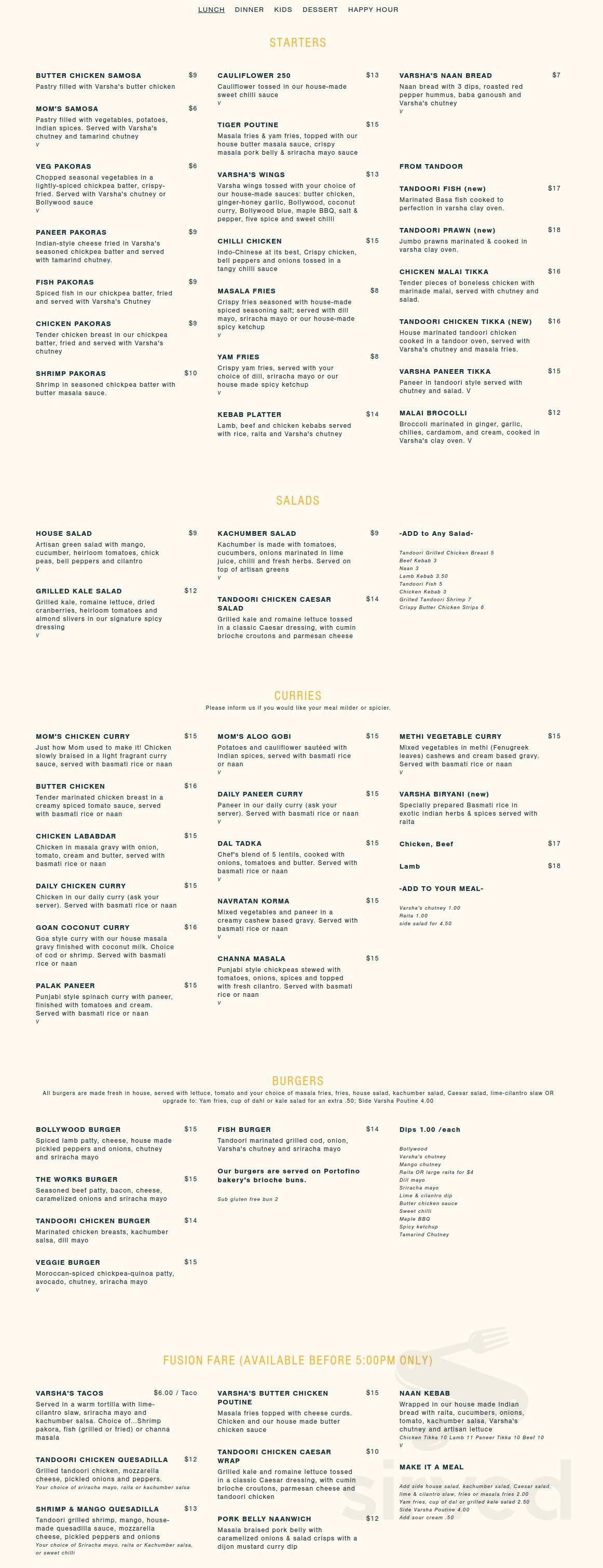 Varsha Indian Kitchen lunch menu in Victoria, British Columbia
