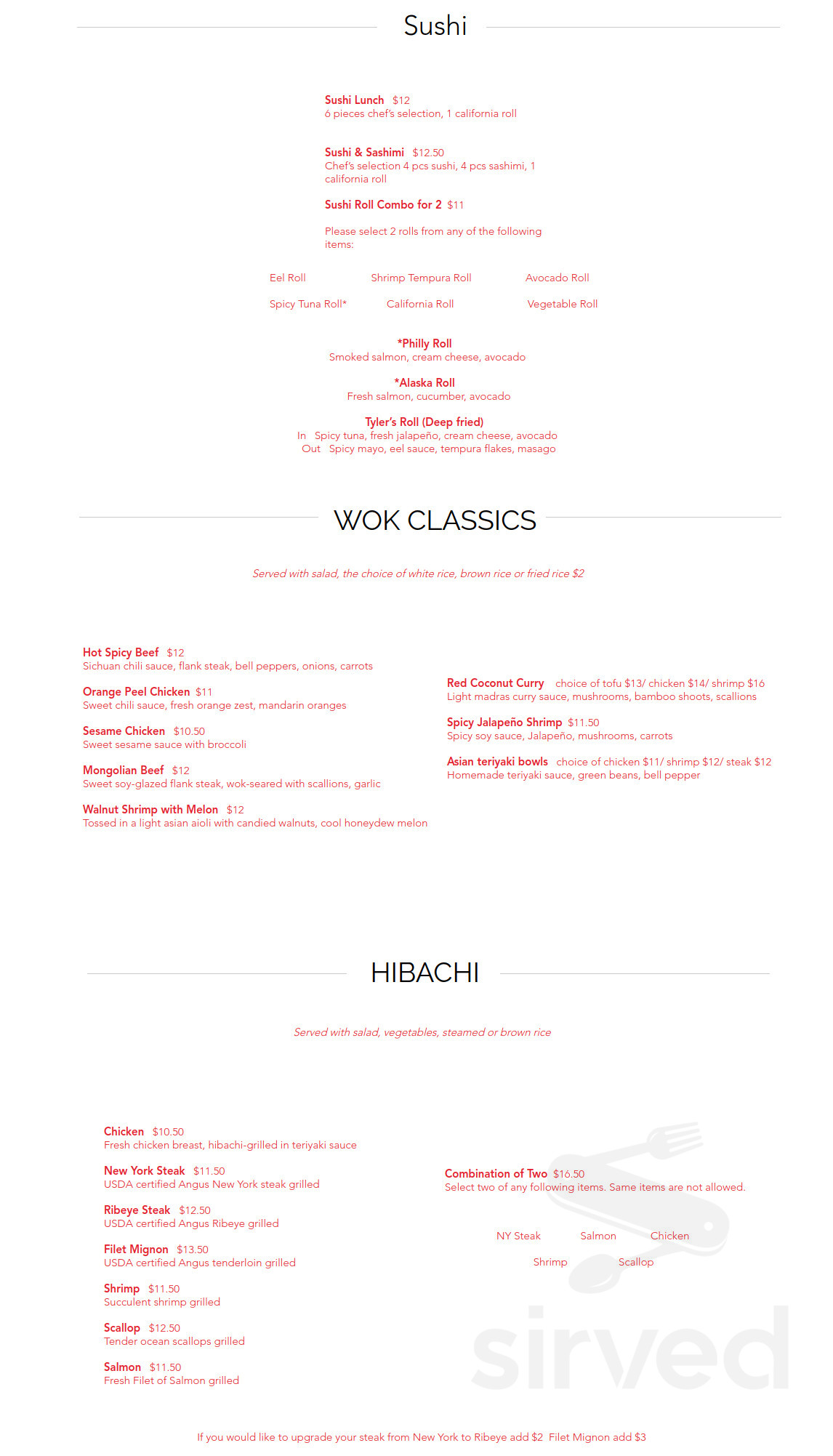 Kawa's Hibachi Grill and Lounge menus in Tyler, Texas, United States