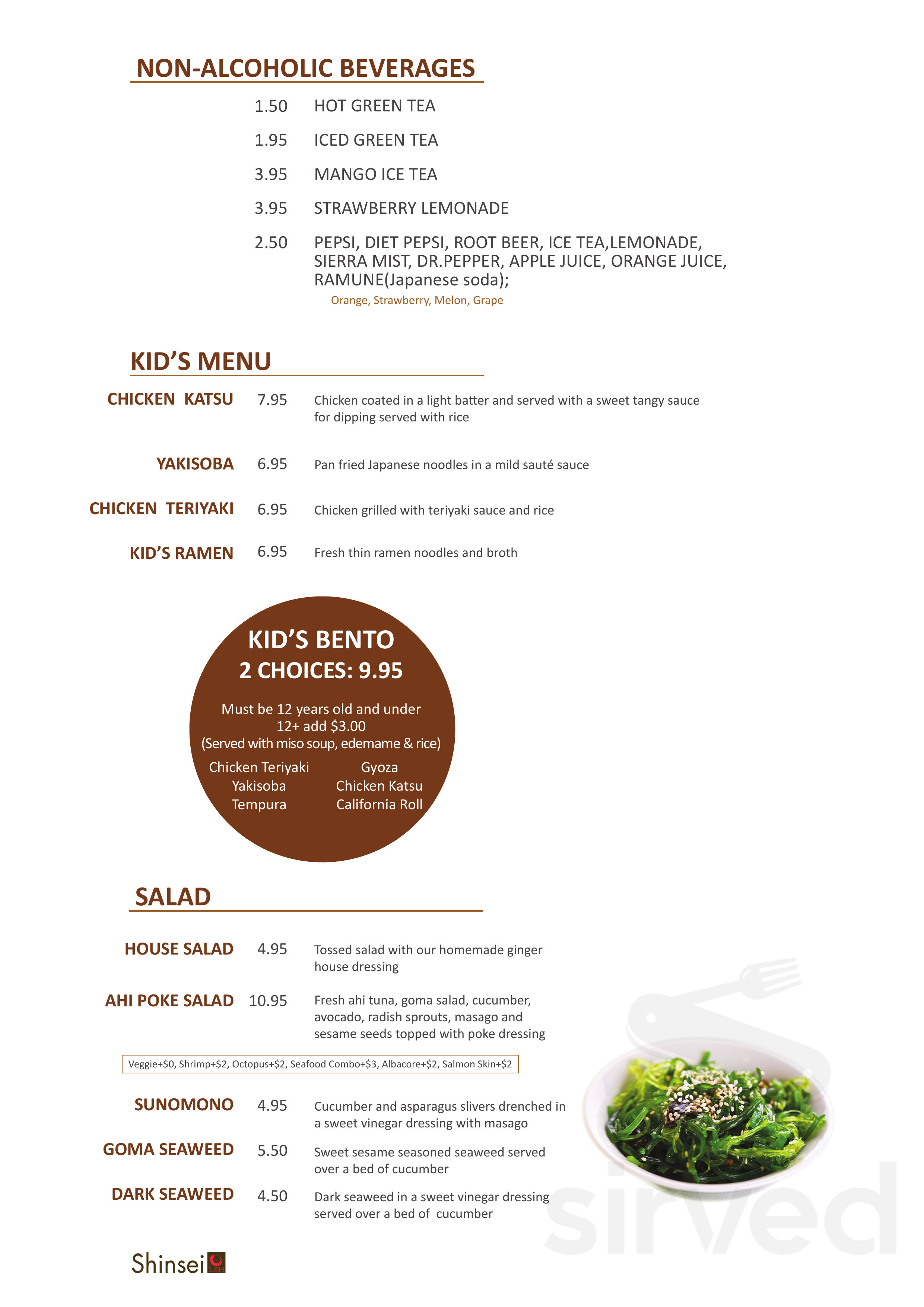 Shinsei Sushi menu in Bend, Oregon, USA