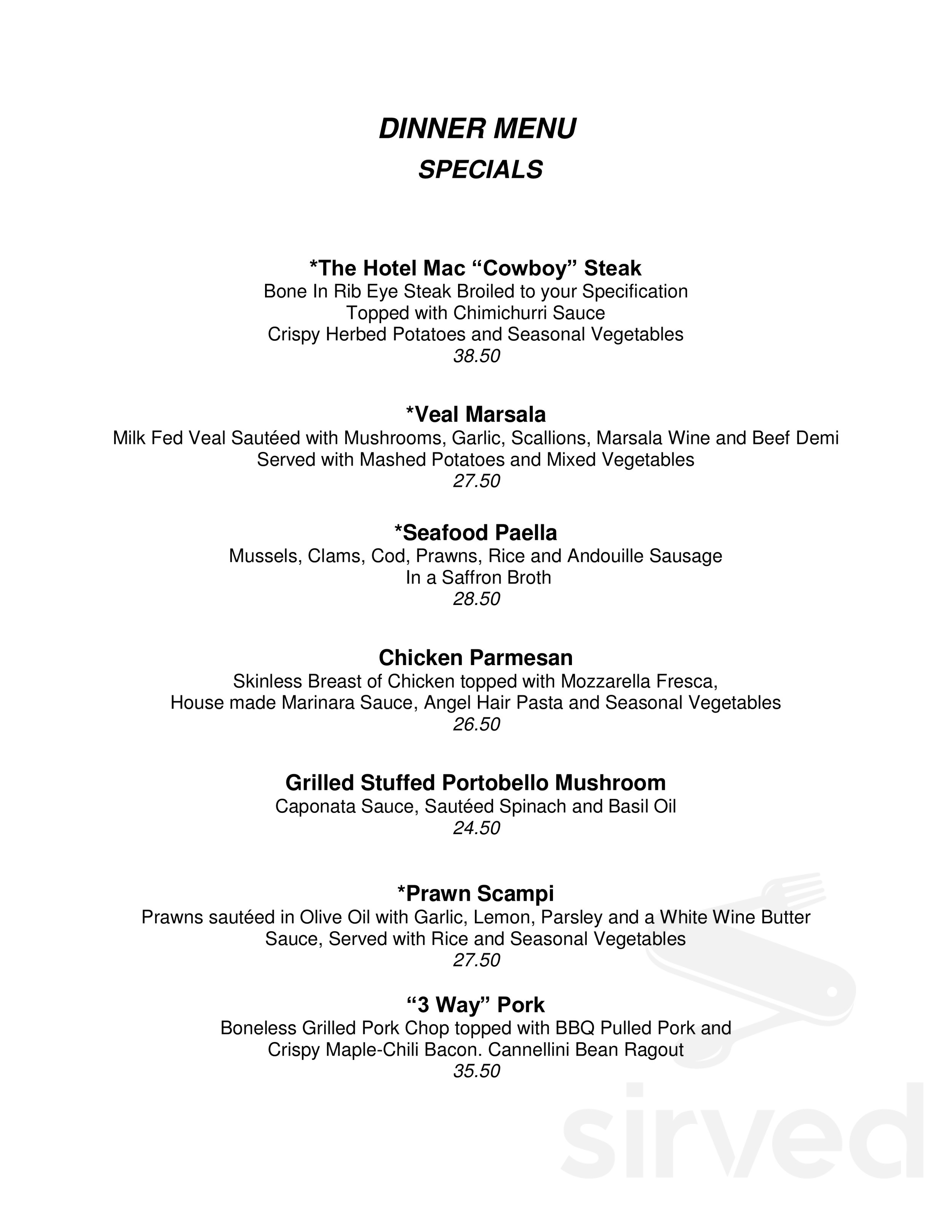 Hotel Mac Restaurant menu in Richmond, California, USA