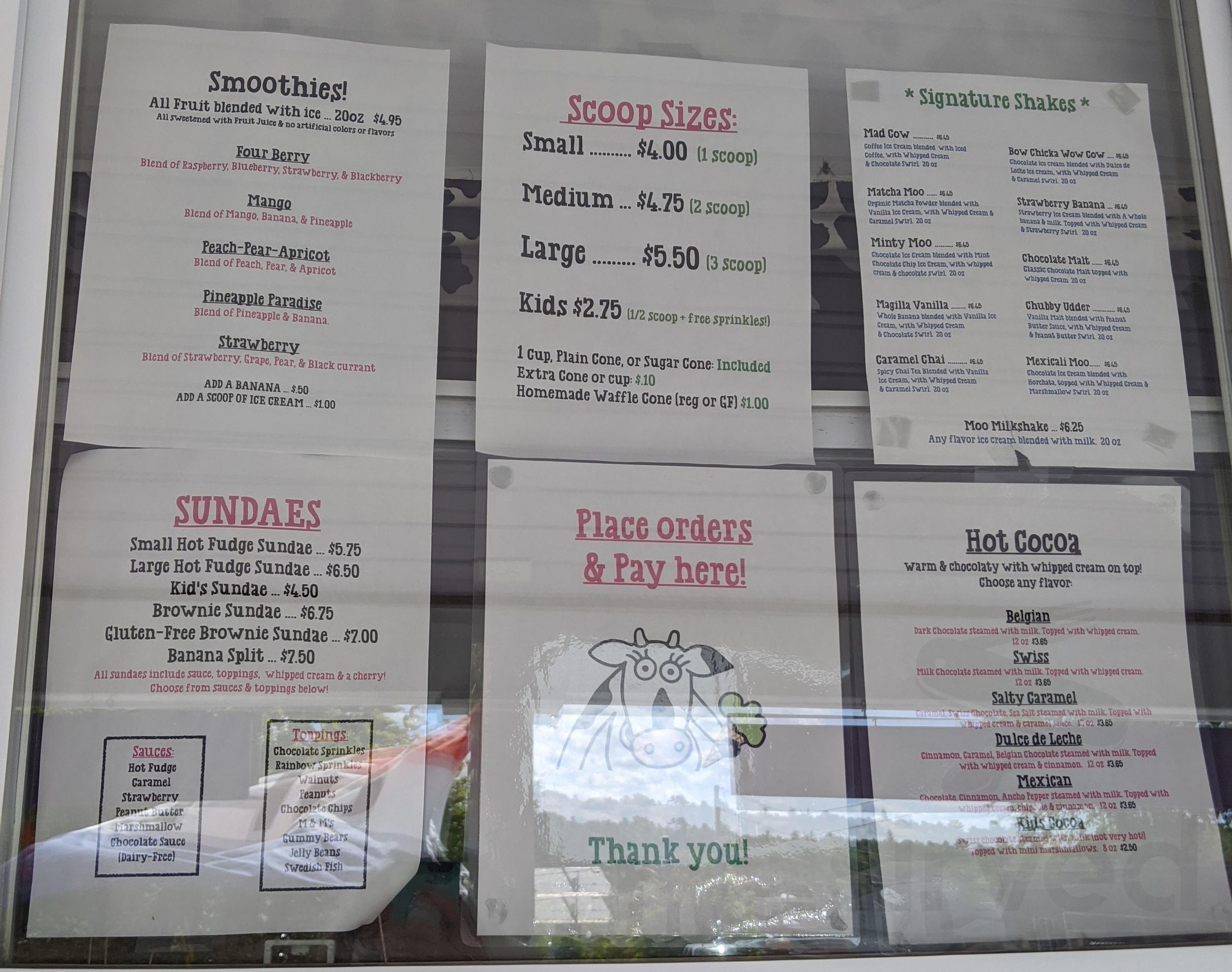 Morton's Moo Homemade Ice Cream menu in Ellsworth, Maine, USA