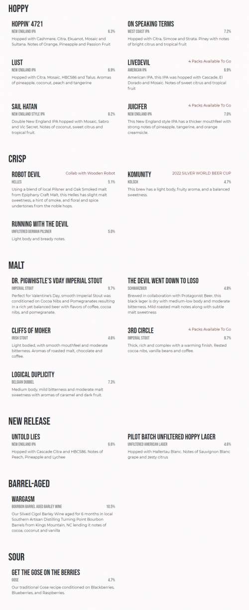 Devil's Logic Brewing menu in Charlotte, North Carolina, USA