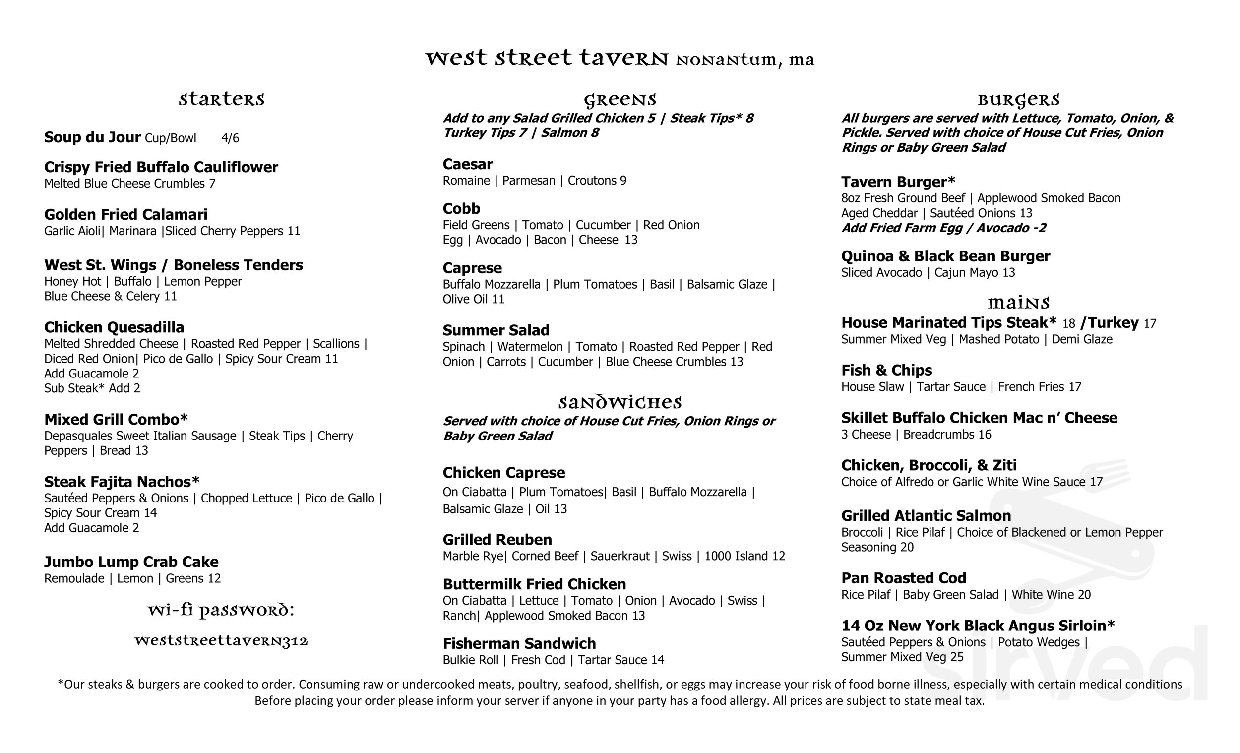 West Street Tavern & Restaurant menu in Newton, Massachusetts, USA