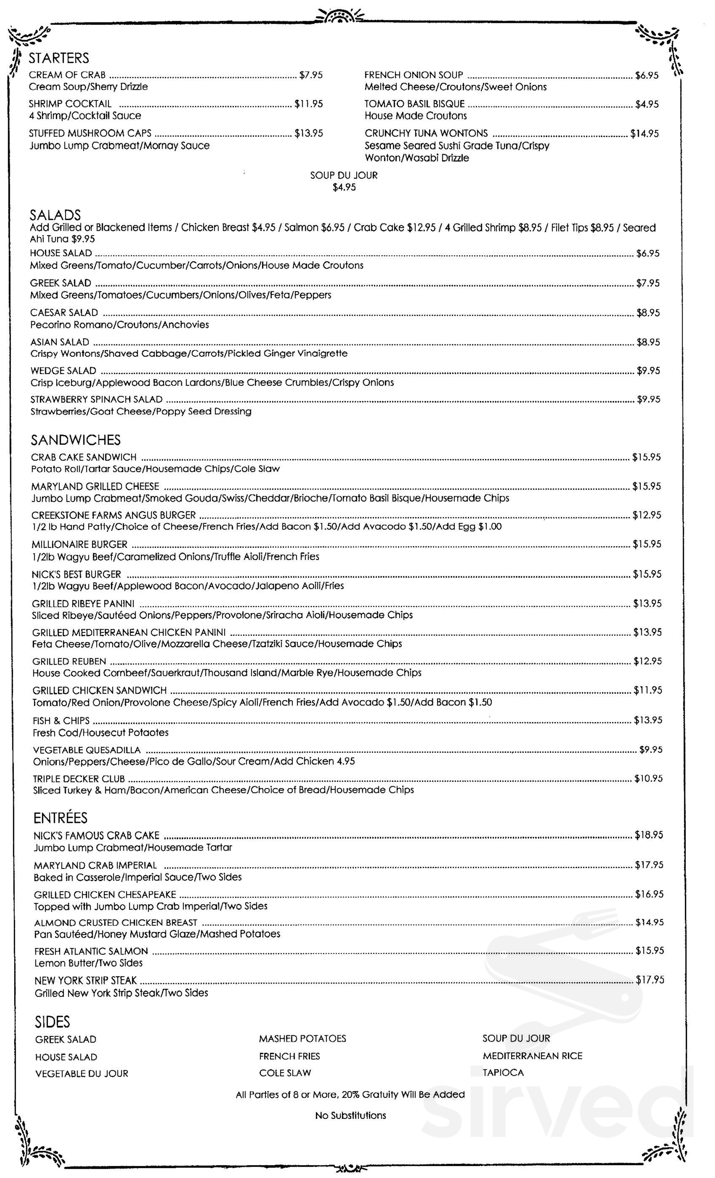 Menu for Nick's Airport Inn in Hagerstown, MD | Sirved