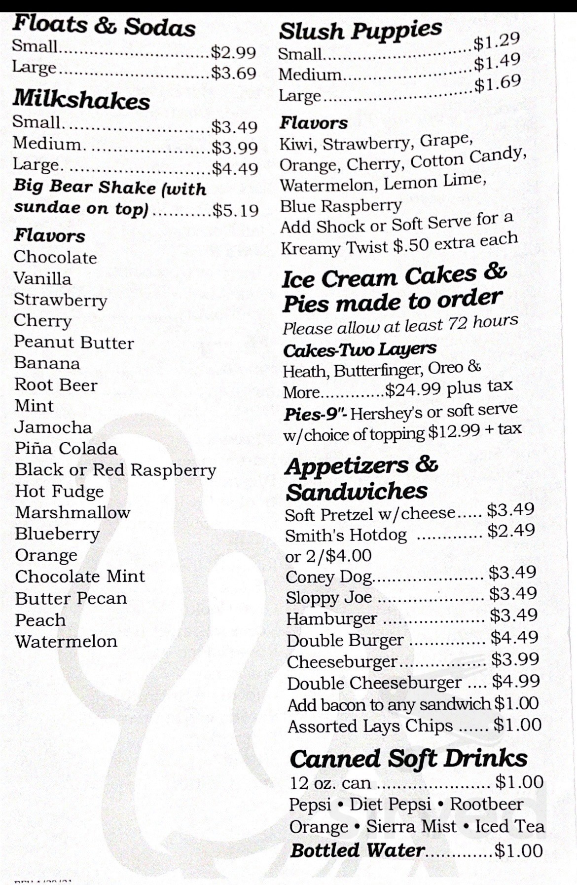 Kim's Kreamery menu in Union City, Pennsylvania, USA