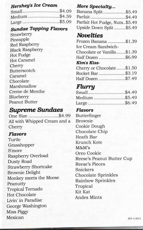 Kim's Kreamery menu in Union City, Pennsylvania, USA