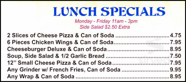 Wallingford Pizza House lunch menu in Wallingford, Connecticut
