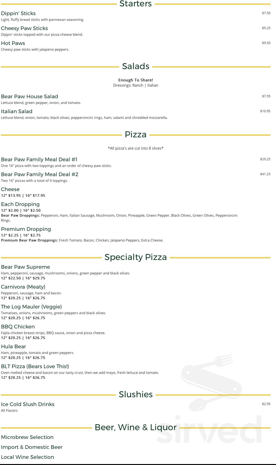Bear Paw Pizza & Market menu in Glen Arbor, Michigan
