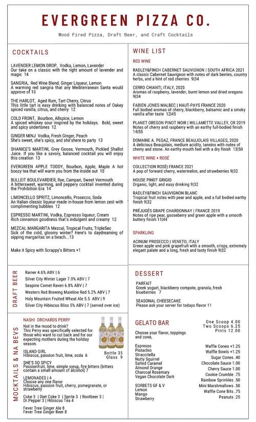 Evergreen Pizza Co. menu in Bremerton, Washington, USA