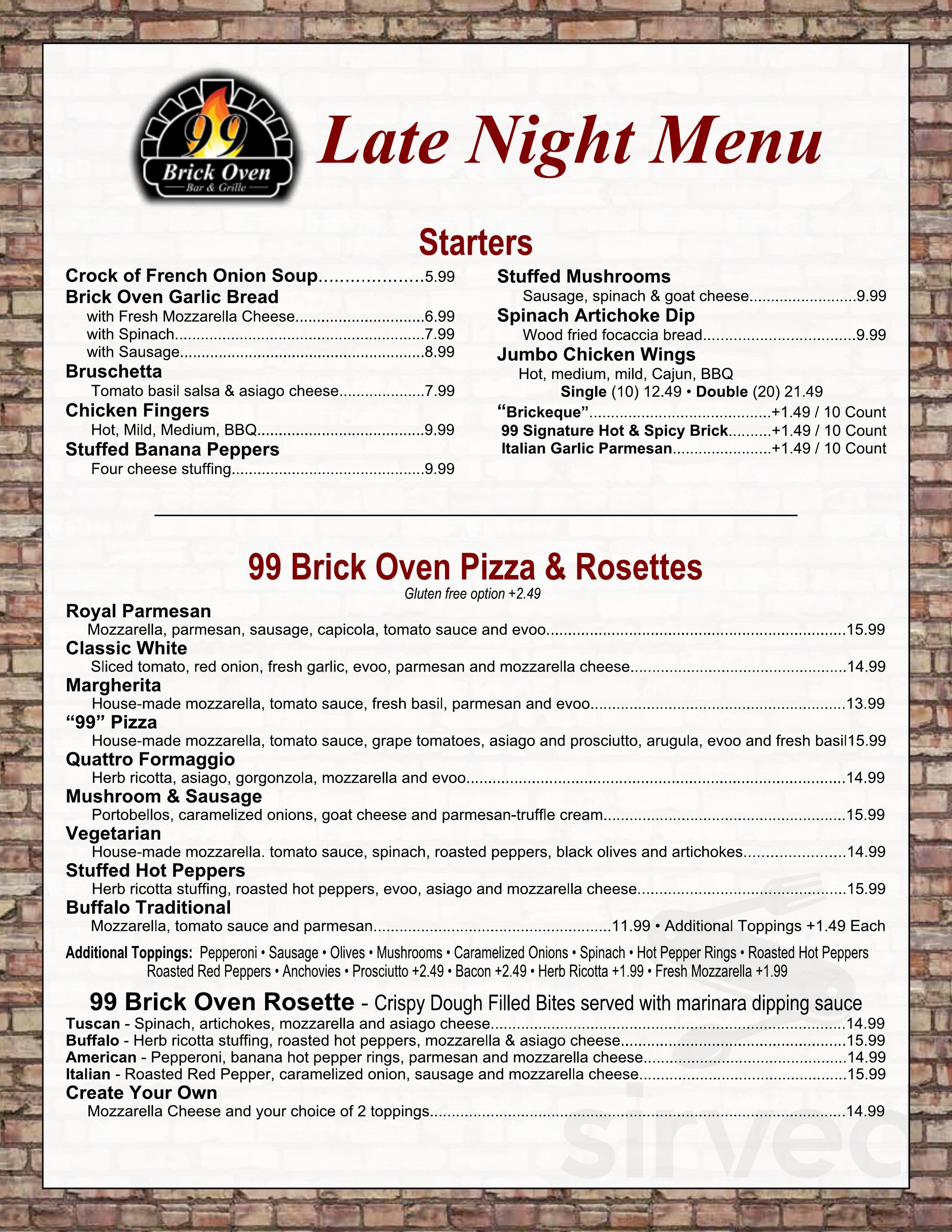 99 Brick Oven Bar & Grille menus in Lancaster, New York, United States