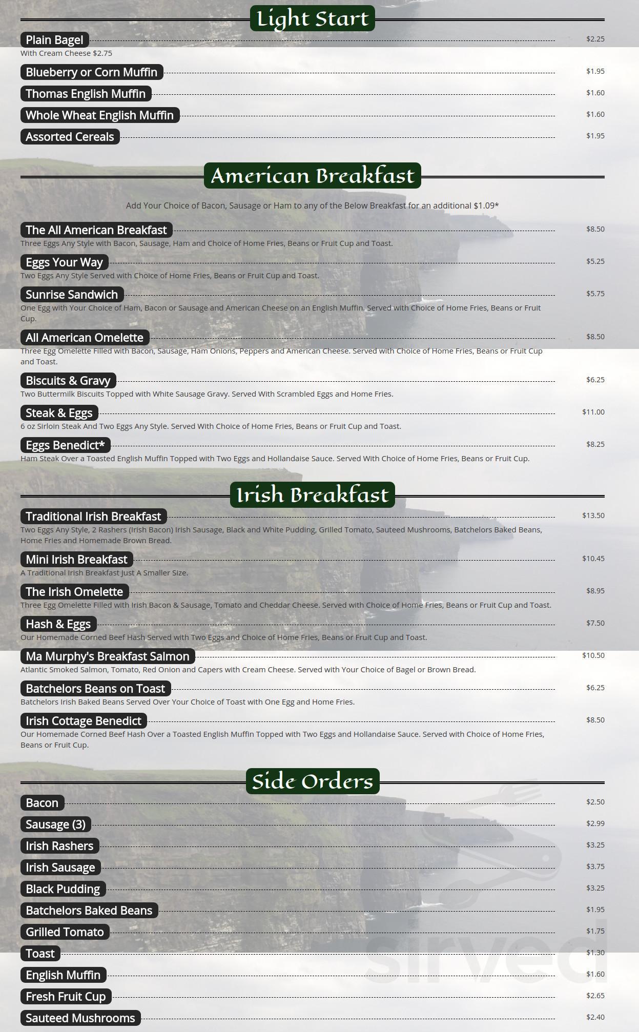 The Irish Cottage menus in Methuen, Massachusetts, United States