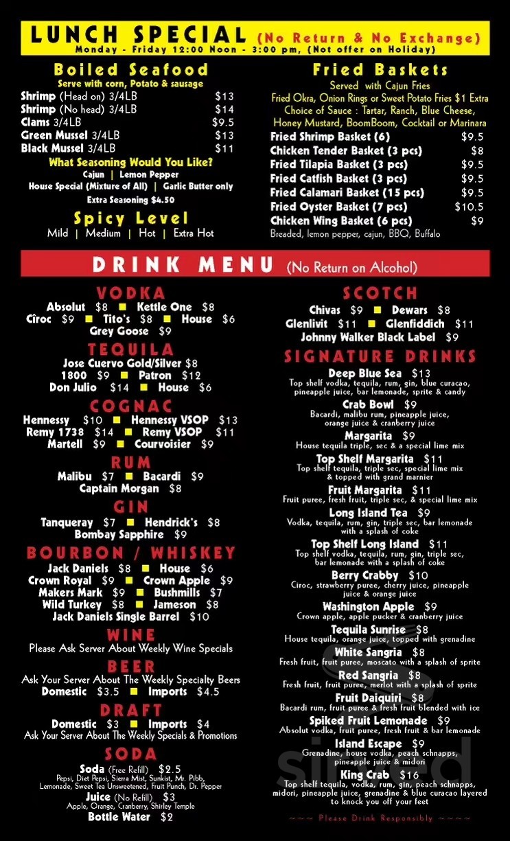 Menu for The Crab Barrack in Anniston AL Sirved