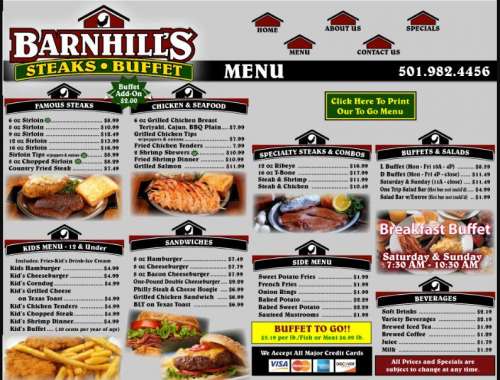 Barnhill's Steaks and Buffet menu in Jacksonville, Arkansas, USA