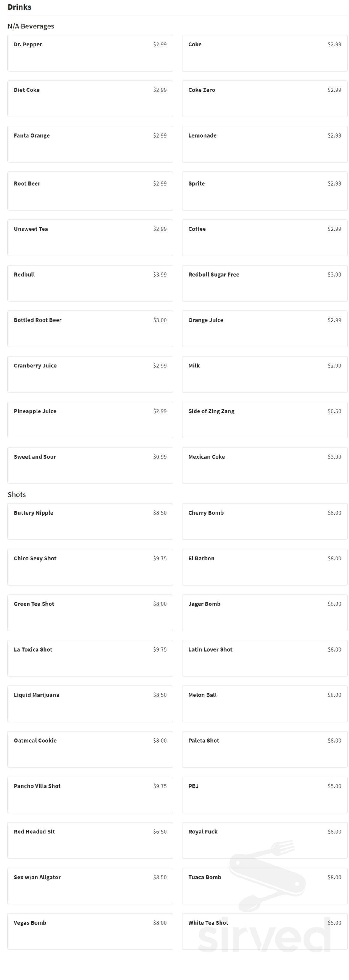 JJ's Taco Shop Kitchen & Bar menu in Fort Worth, Texas, USA