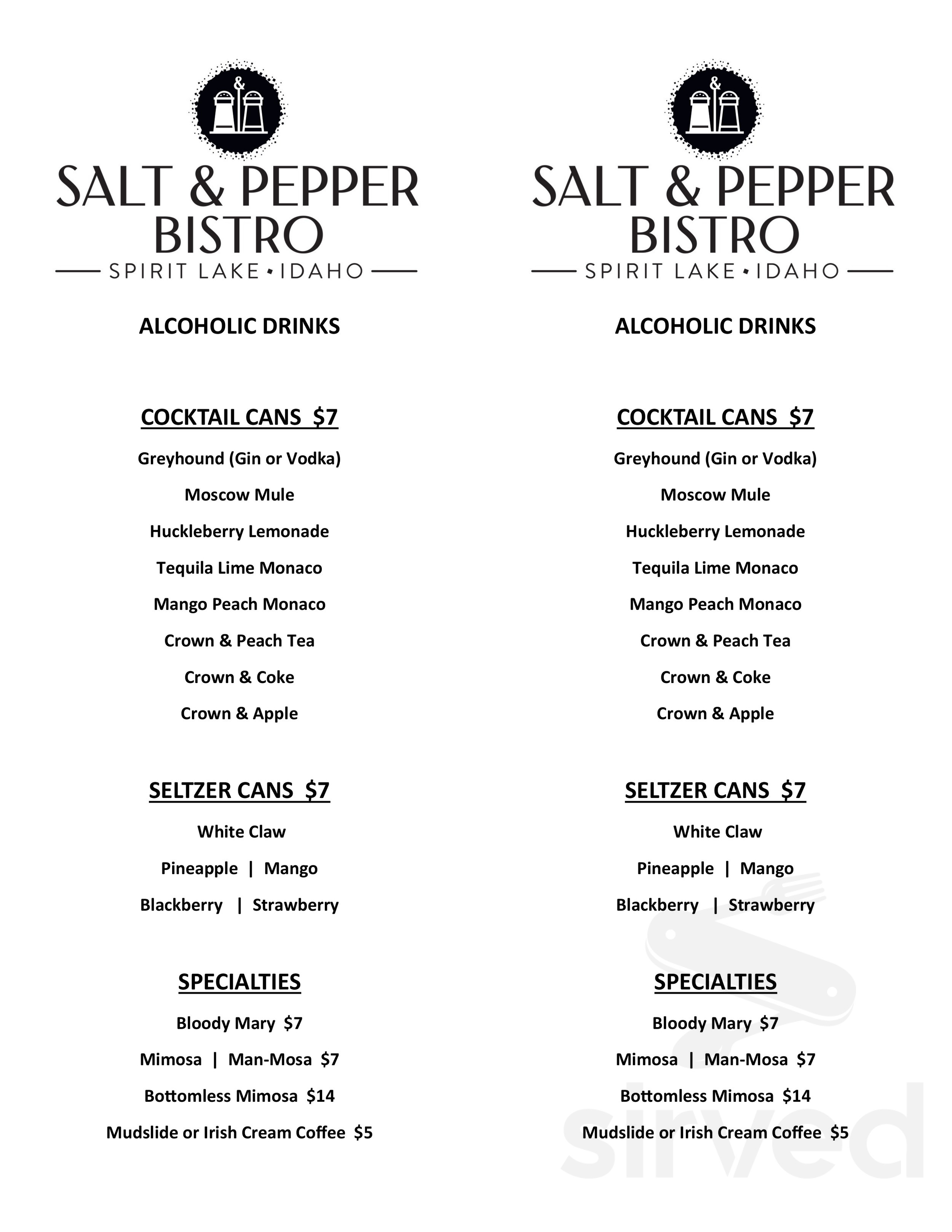 Salt & Pepper menu in Spirit Lake, Idaho, USA