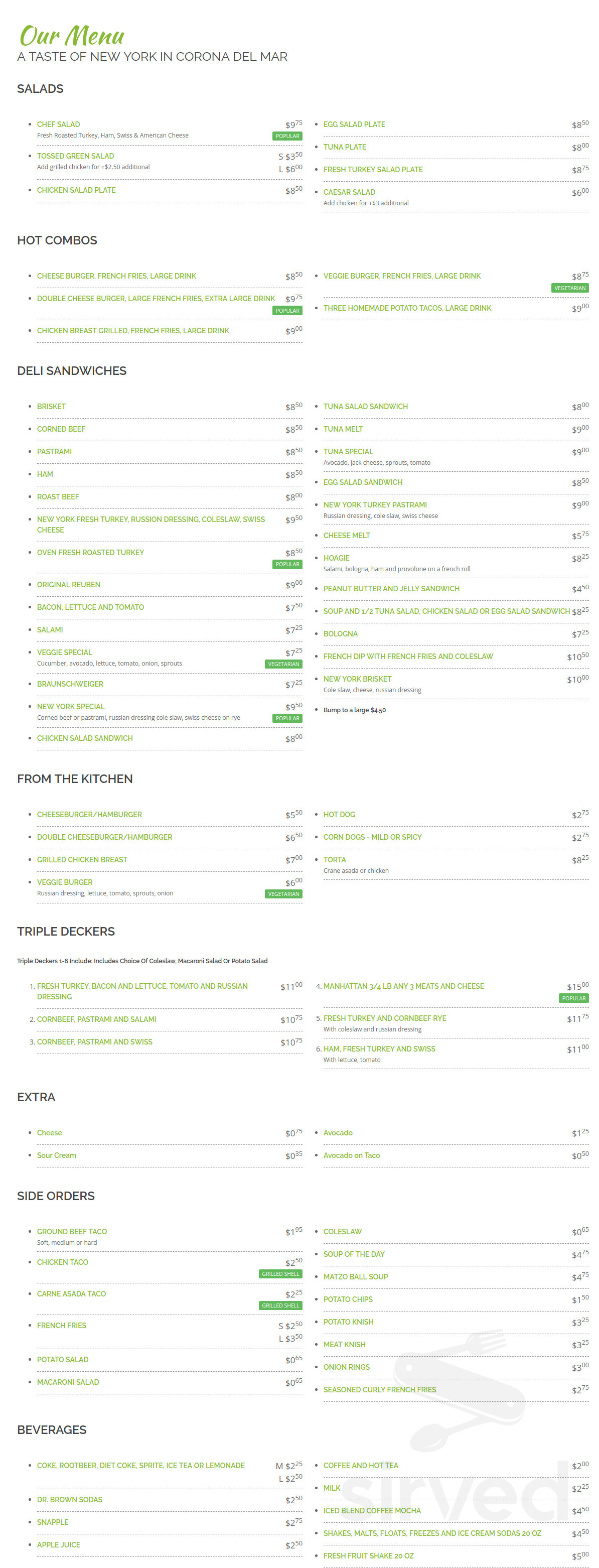 Gary's New York Deli menu in Corona Del Mar, California
