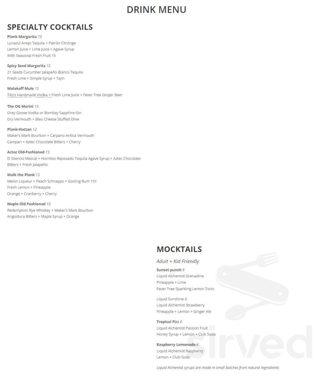 Menu - Folsom CA's Plank Craft Kitchen + Bar | Sirved