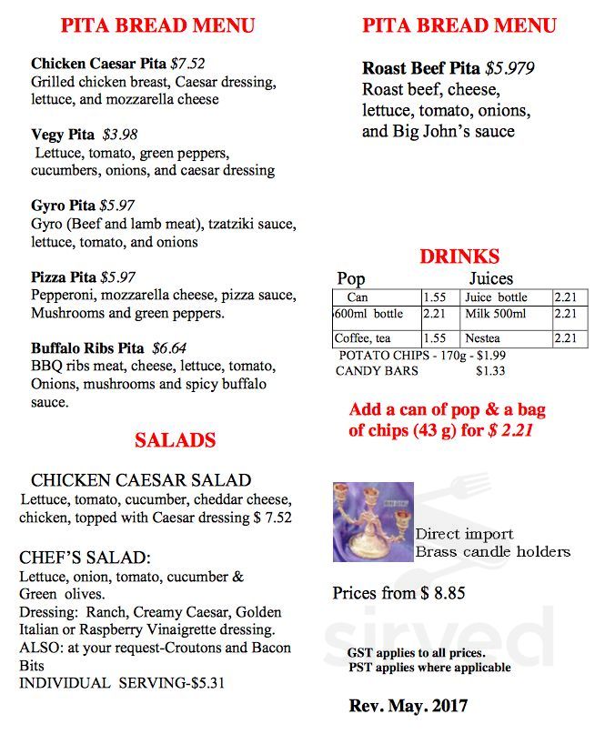 Big John's Submarines take out menu in Kitchener, Ontario
