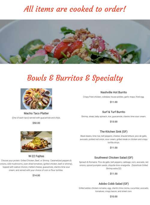 West 22 Tacos menu in Murfreesboro, Tennessee, USA