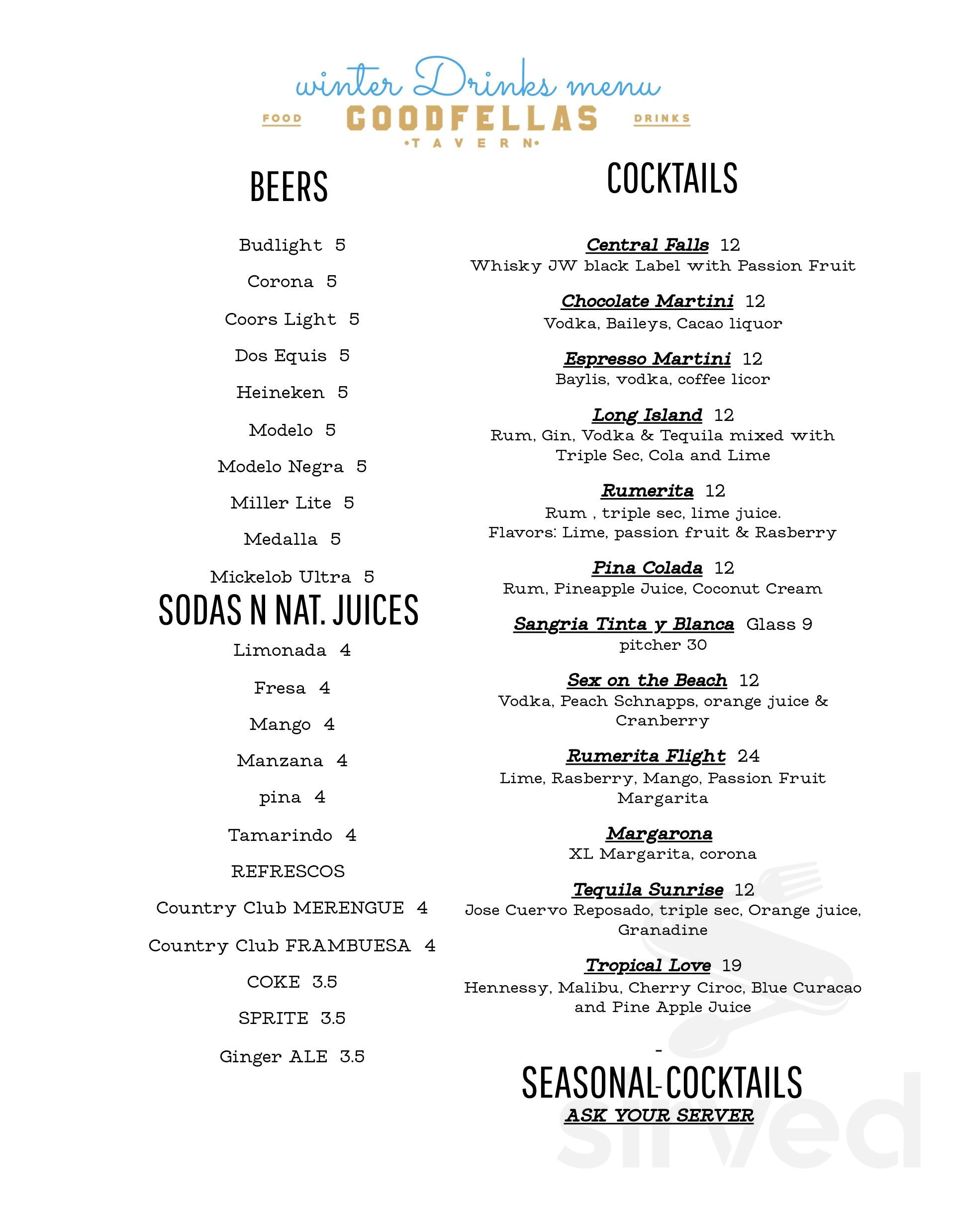 Good Fellas tavern menu in Central Falls, Rhode Island, USA