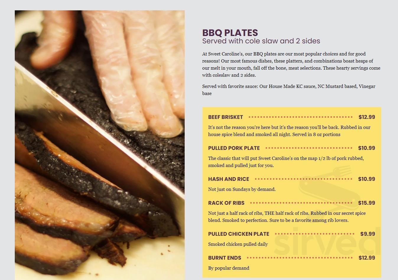 Sweet Caroline's BBQ menus in McConnells, South Carolina, United States