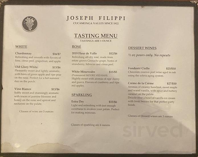 Joseph Filippi Winery & Vineyards menu in Rancho Cucamonga, California, USA