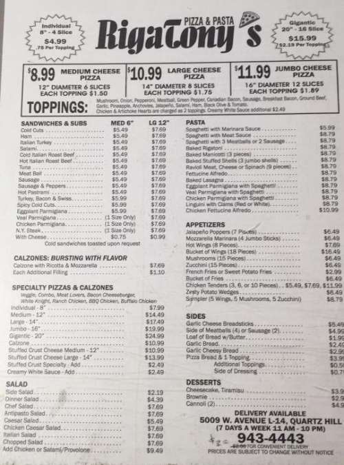 RigaTony's Pizza & Pasta menu in Lancaster, California, USA