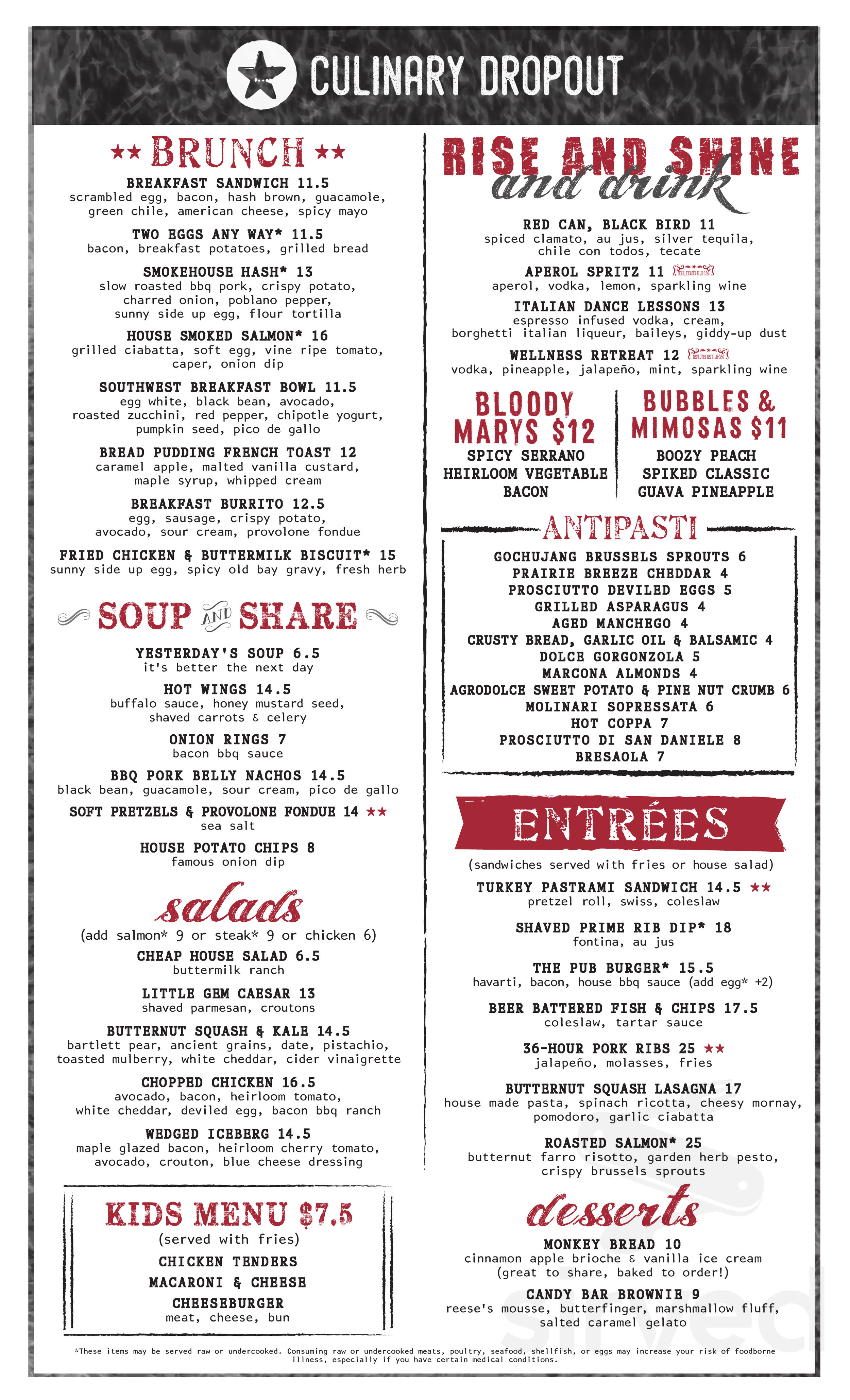 Culinary on sale dropout menu