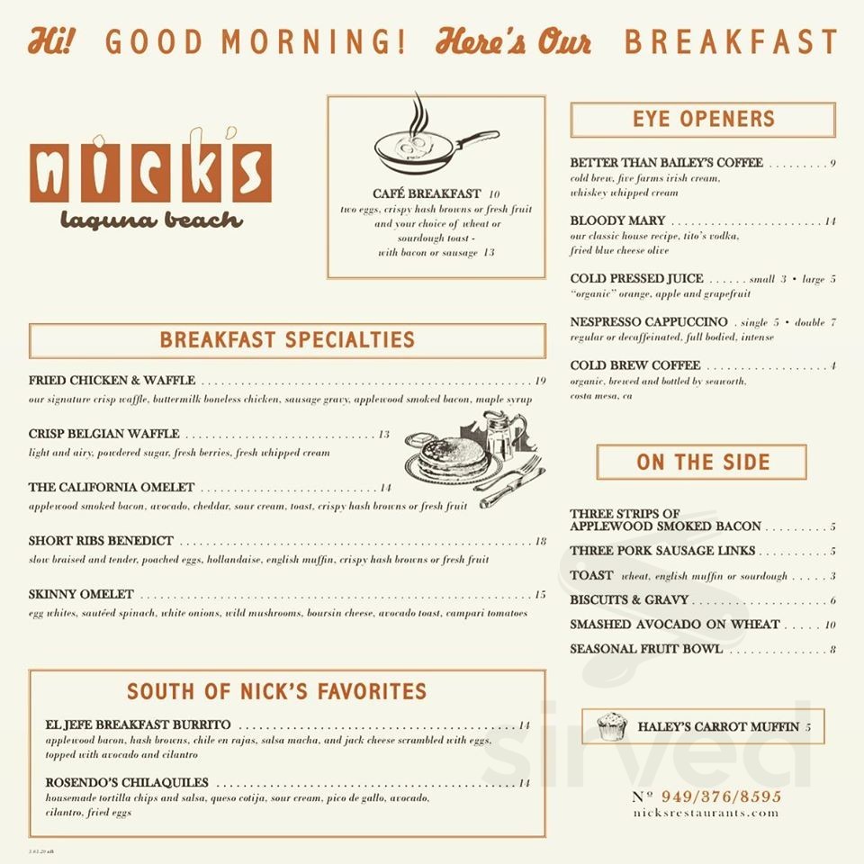 Nick's Laguna Beach breakfast menu in Laguna Beach, California