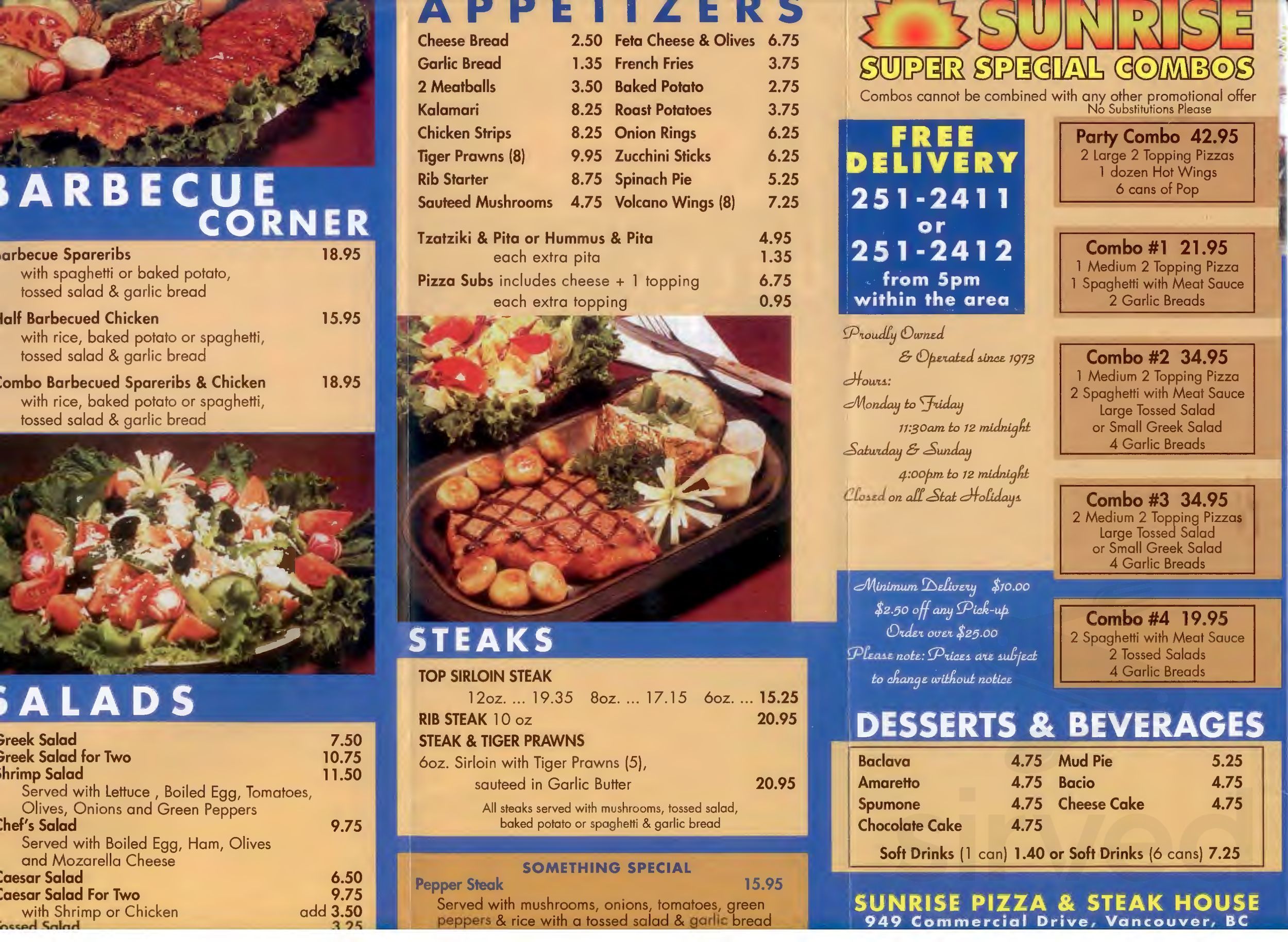 Sunrise Pizza & Steak House menu in Vancouver, British Columbia, Canada