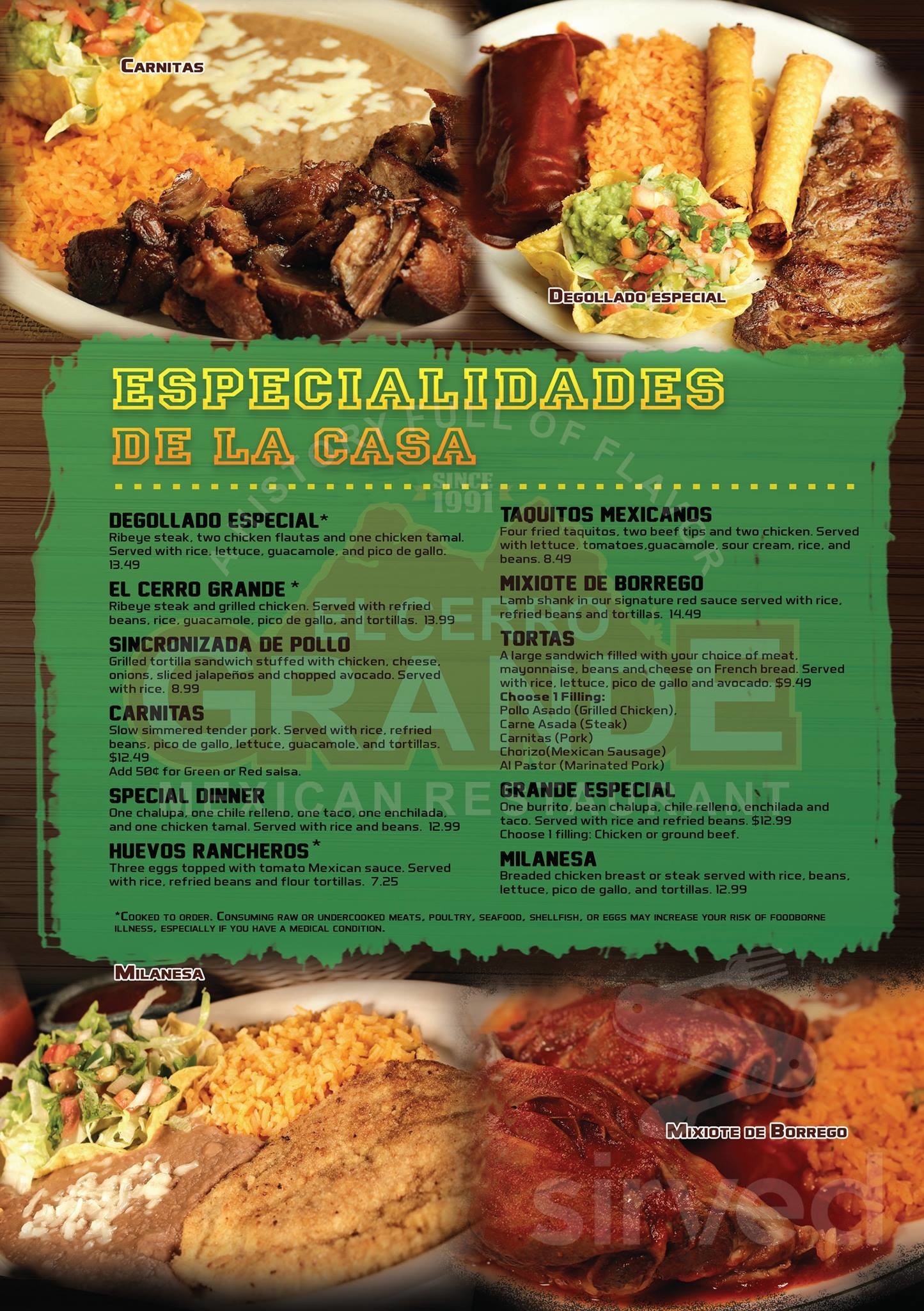 Menu Myrtle Beach SC's El Cerro Grande Sirved