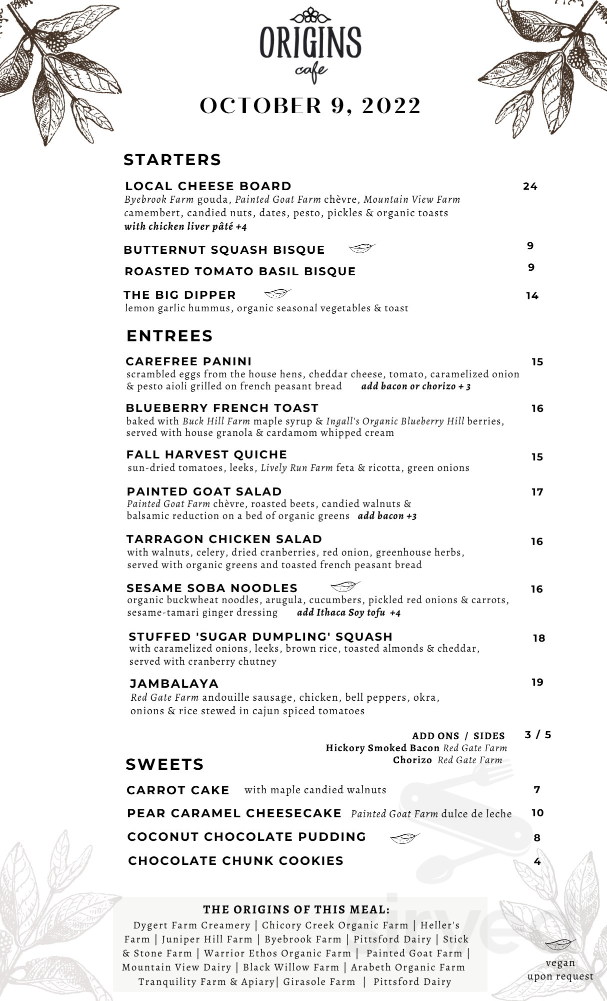 Origins Cafe menu in Cooperstown, New York, USA