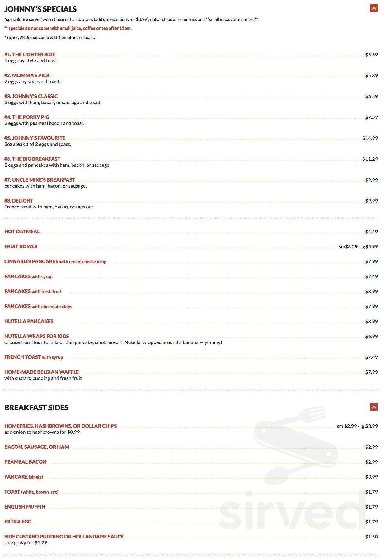 Johnny's Restaurant Menu - Aylmer, Ontario | Sirved