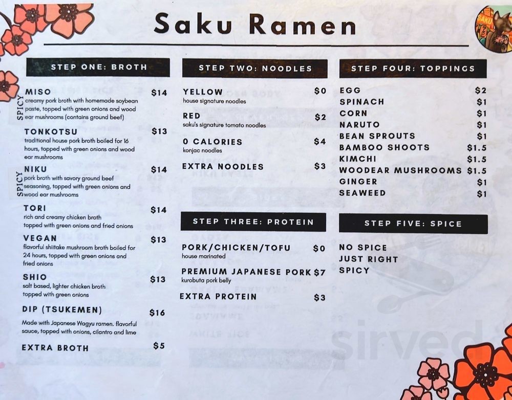 Menu for Saku Ramen in Riverside, CA | Sirved